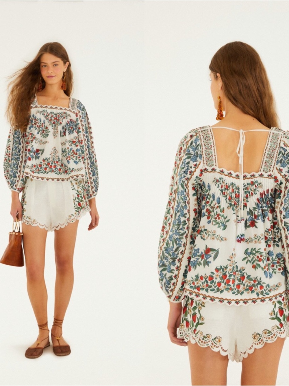 Farm Rio Embroidered cotton Square-Neck Peasant Top Cream/Multicolor